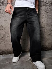 Manfinity CasualKnits 大码男士休闲简约牛仔裤，适合街头休闲，都市摇滚风 - 黑色 - 查看 2