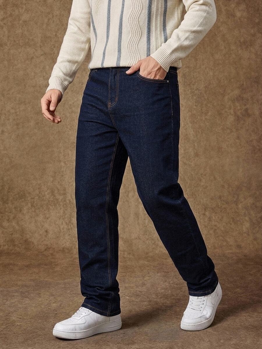 Manfinity CasualKnits 大码男士休闲口袋紧身牛仔裤,纯色修身深色牛仔裤长款纯黑色洗水工装牛仔裤,适合丈夫、男朋友的礼物 - 深色水洗藍 - 查看 1