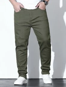 Manfinity CasualKnits 男士加大尺寸實色斜口袋修身牛仔褲 - 軍綠色 - 查看 2