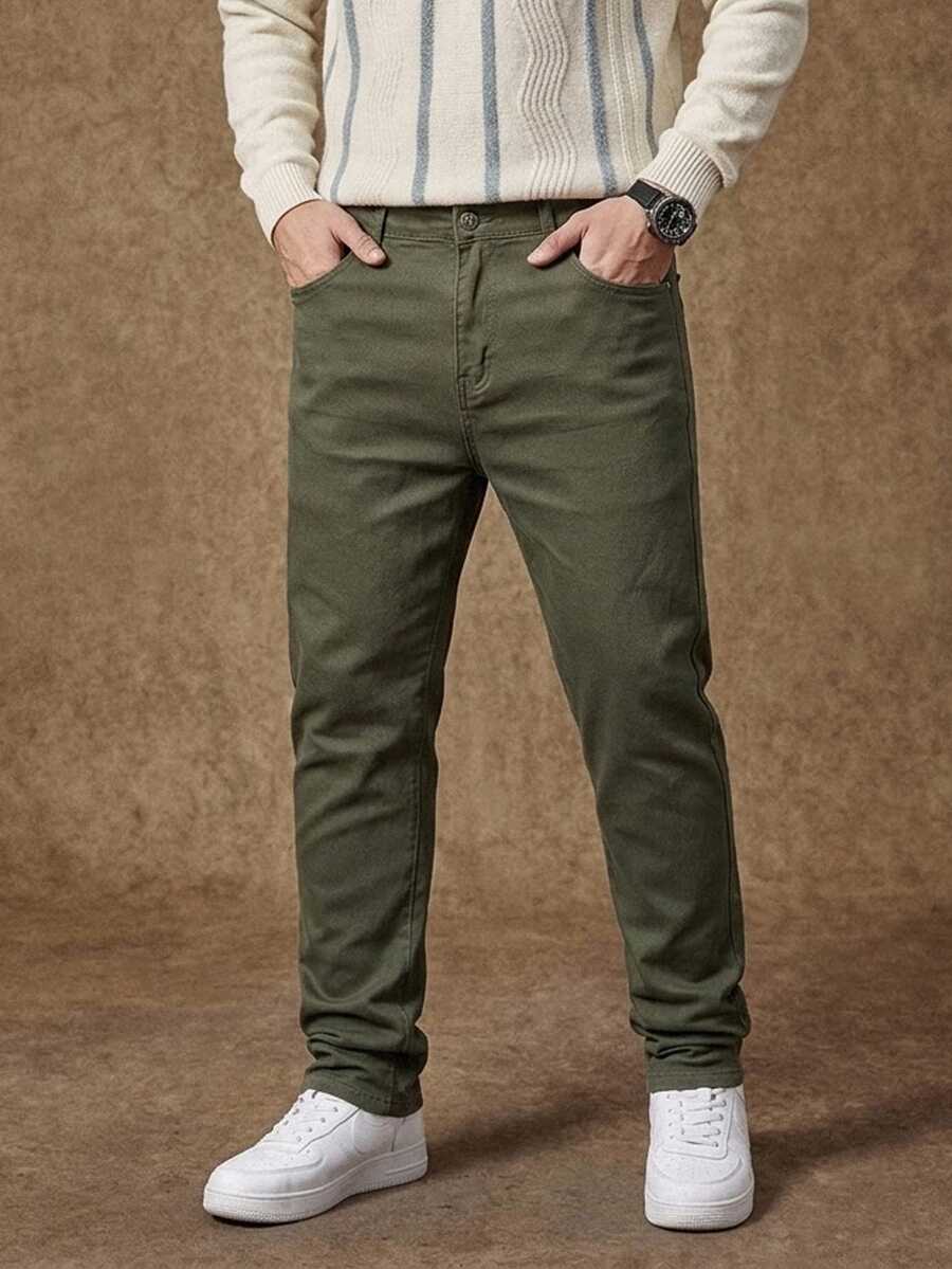 Manfinity CasualKnits 男士加大尺寸實色斜口袋修身牛仔褲 - 軍綠色 - 查看 1
