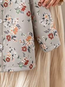 SHEIN 女童花卉印花抓絨內裡連帽外套，保暖加厚單排扣中長版夾克，適合秋冬可愛日常穿搭 - 灰色 - 查看 6