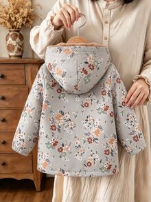 SHEIN 女童花卉印花抓絨內裡連帽外套，保暖加厚單排扣中長版夾克，適合秋冬可愛日常穿搭 - 灰色 - 查看 3