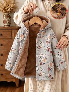 SHEIN 女童花卉印花抓絨內裡連帽外套，保暖加厚單排扣中長版夾克，適合秋冬可愛日常穿搭 - 灰色 - 查看 2
