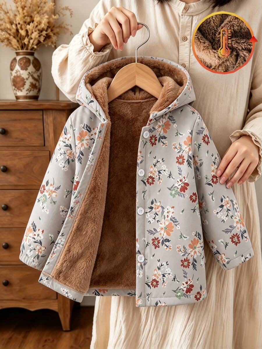 SHEIN 女童花卉印花抓絨內裡連帽外套，保暖加厚單排扣中長版夾克，適合秋冬可愛日常穿搭