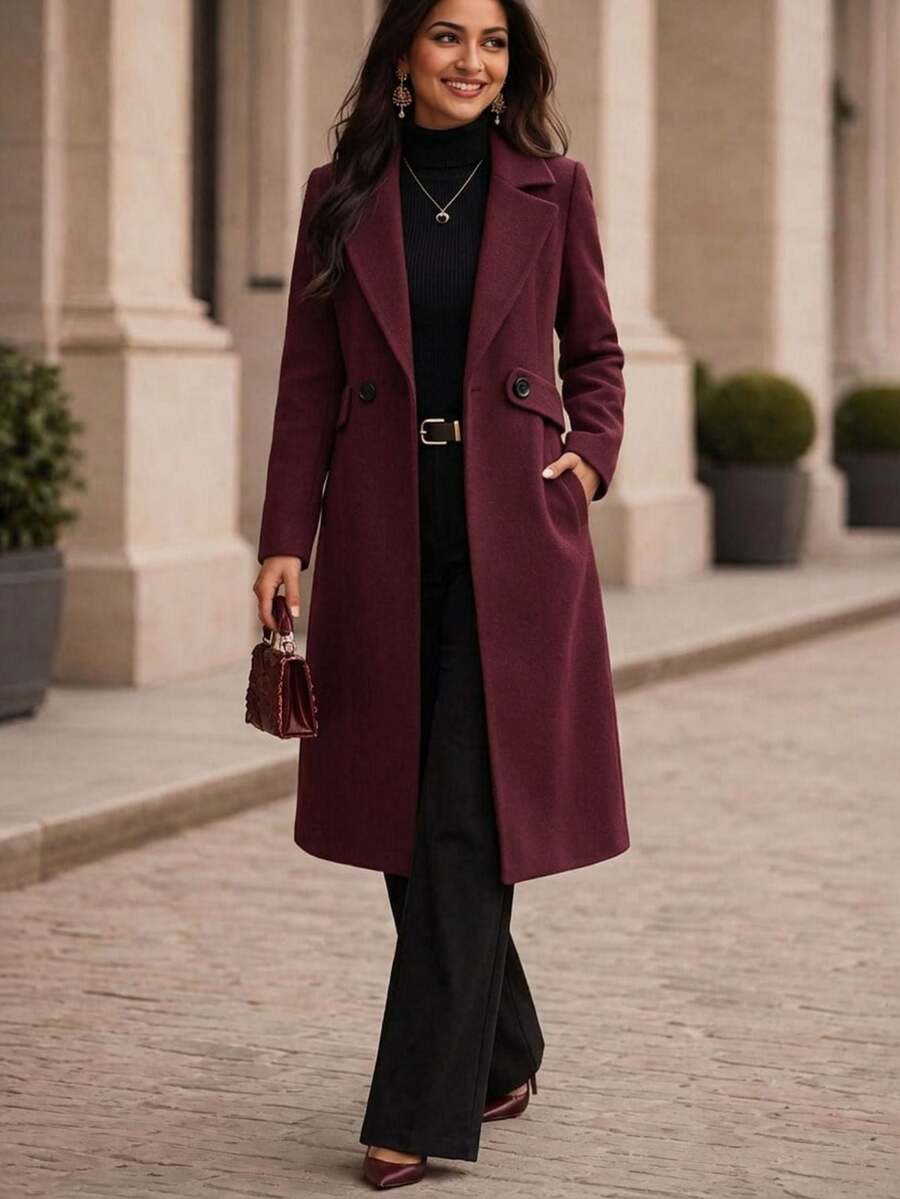 SHEIN 女款深紅色平領純色口袋優雅繫帶長袖外套,秋季辦公通勤大衣 - 酒紅色 - 查看 1