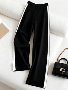 SHEIN Women's Loose Elegant Wide Leg Pants, Black & Beige Color Block, Autumn - Black and White - View 2