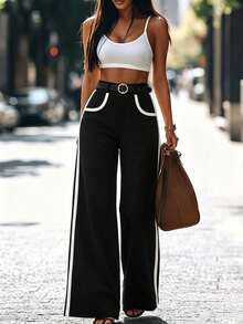 SHEIN Women's Loose Elegant Wide Leg Pants, Black & Beige Color Block, Autumn - Black and White - View 1