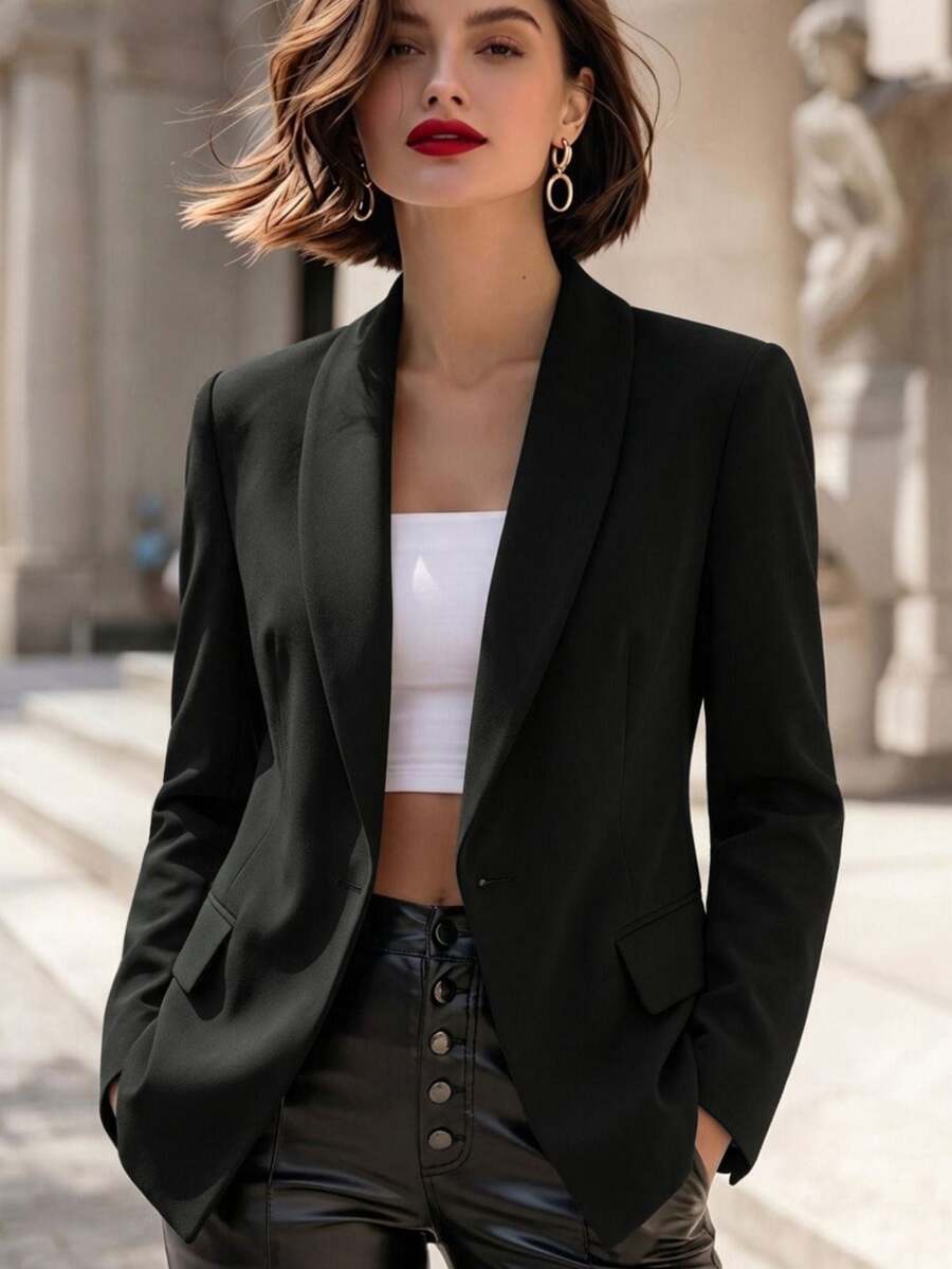 SHEIN Women's Black Long Sleeve Fitted Sexy Suit Jacket For Winter Fall Cloth For Women - Black - View 1