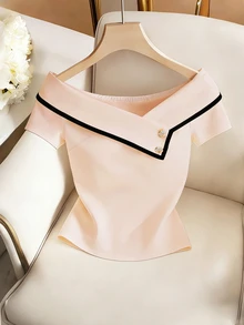 SHEIN Women's Casual Solid Color Shirt, Solid Color Top, Maillard Style Summer White Top, Suitable For College Students - Pink - View 5