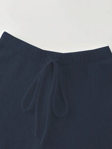 SHEIN طقم قطعتين من كنزة صوفية محبوكة فضفاضة بأكمام فانوس وبنطلون واسع الساق، بطراز أوروبي أنيق - الأزرق - مشاهدة 5