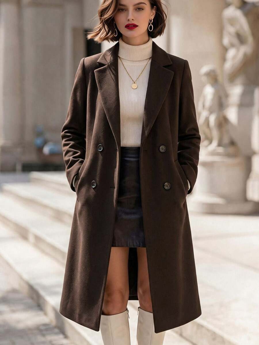 SHEIN Women's Casual Solid Color Double-Breasted Overcoat, Autumn/Winter Fall Cloth For Women - Rust Brown - View 1