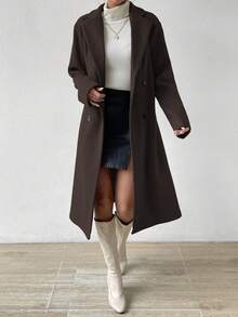 SHEIN Women's Casual Solid Color Double-Breasted Overcoat, Autumn/Winter Fall Cloth For Women - Rust Brown - View 4