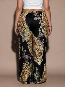 SHEIN BAE CURVE 大尺碼女款緞面豹紋長款寬腿褲，休閒外出、上班通勤、工作穿搭、校園格紋褲，鬆緊腰鬆身款 - 彩色 - 查看 4