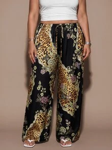 SHEIN BAE CURVE 大尺碼女款緞面豹紋長款寬腿褲，休閒外出、上班通勤、工作穿搭、校園格紋褲，鬆緊腰鬆身款 - 彩色 - 查看 9