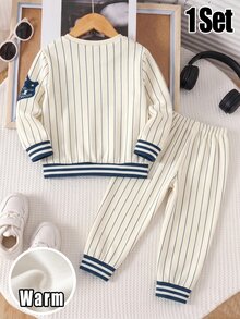1Set Young Boys Casual Fashion Comfortable Fleece Sweatshirt Set, New York Striped Letter Digital Print, Suitable For Sports, Urban Style - Multicolor - View 2