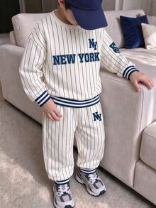 1Set Young Boys Casual Fashion Comfortable Fleece Sweatshirt Set, New York Striped Letter Digital Print, Suitable For Sports, Urban Style - Multicolor - View 4
