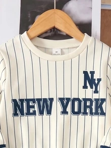 1Set Young Boys Casual Fashion Comfortable Fleece Sweatshirt Set, New York Striped Letter Digital Print, Suitable For Sports, Urban Style - Multicolor - View 5