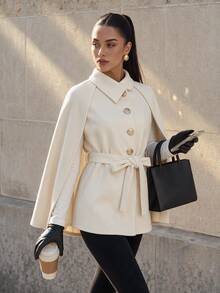 Firerie Elegant Cream Cape Coat, Lapel Single-Breasted Gold Buttons With Matching Belt, Suitable For Autumn Outfits And Sophisticated Daily Commuting - White - View 8