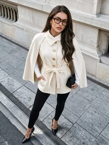 Firerie Elegant Cream Cape Coat, Lapel Single-Breasted Gold Buttons With Matching Belt, Suitable For Autumn Outfits And Sophisticated Daily Commuting - White - View 4