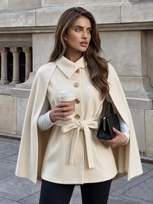 Firerie Elegant Cream Cape Coat, Lapel Single-Breasted Gold Buttons With Matching Belt, Suitable For Autumn Outfits And Sophisticated Daily Commuting - White - View 3