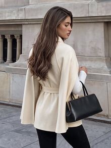 Firerie Elegant Cream Cape Coat, Lapel Single-Breasted Gold Buttons With Matching Belt, Suitable For Autumn Outfits And Sophisticated Daily Commuting - White - View 2
