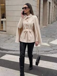 Firerie Elegant Cream Cape Coat, Lapel Single-Breasted Gold Buttons With Matching Belt, Suitable For Autumn Outfits And Sophisticated Daily Commuting - White - View 9