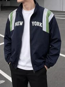 SHEIN Tween Boys Colorblock NEW YORK Letter Print Stand Collar Zip Up Windbreaker Jacket, Casual Long Sleeve Elastic Cuff Sports Outerwear For Spring Autumn - Blue - View 4