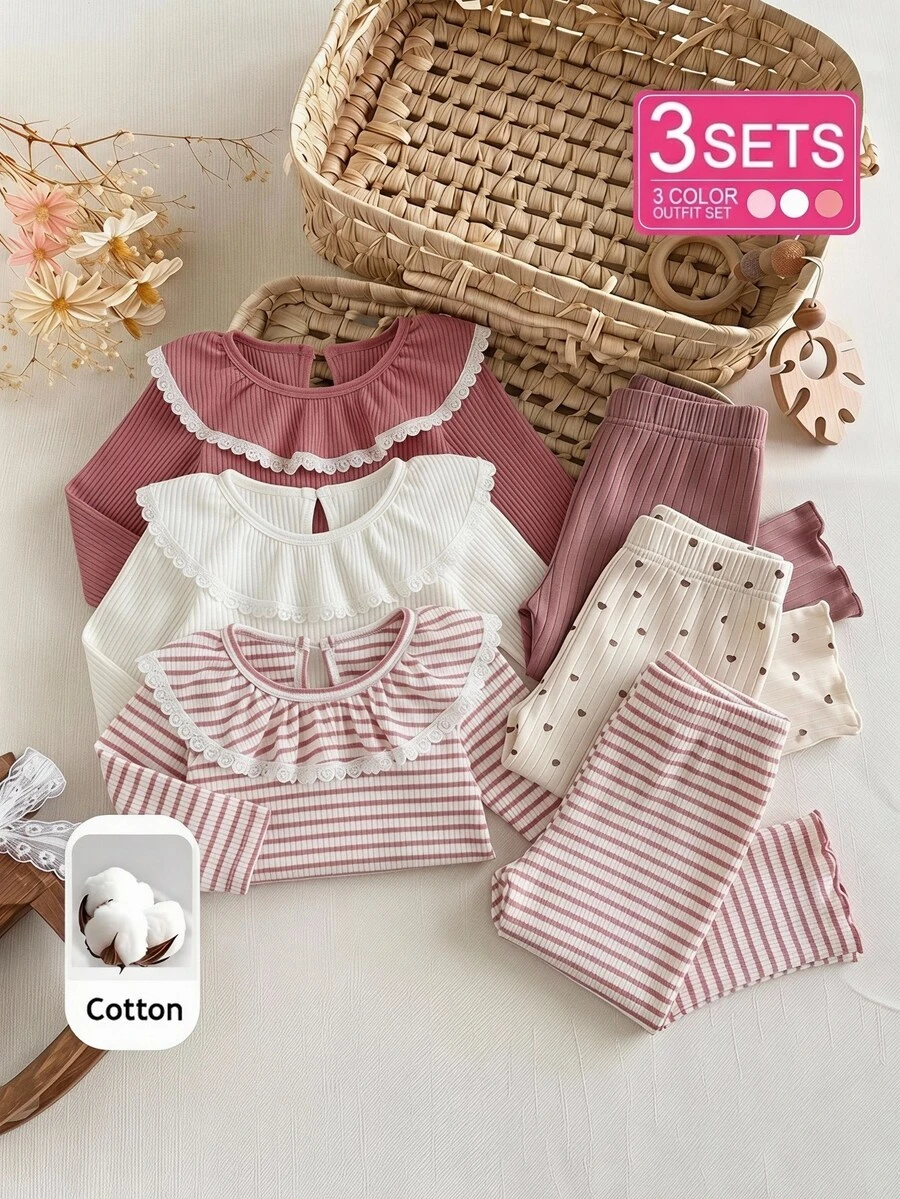 SHEIN 3pcs Toddler Baby Girls T-Shirt Tops Cute Sweet Pink White Ribbed Ruffle Lace Long Sleeve Round Neck Regular Fit Birthday Fall Pullover Cardigan