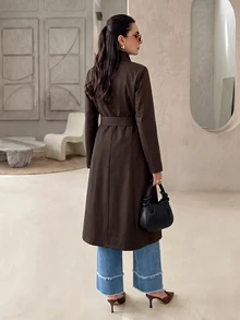 Rue Lumi Women's Solid Elegant Stand Collar Shoulder-Fitted Waist-Cinched Midi Coat, Commuter Casual Long Trench Coat For Fall Outfits Office Dark Brown - Brown - View 3