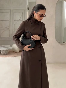 Rue Lumi Women's Solid Elegant Stand Collar Shoulder-Fitted Waist-Cinched Midi Coat, Commuter Casual Long Trench Coat For Fall Outfits Office Dark Brown - Brown - View 6