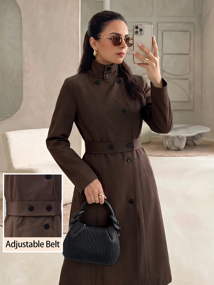 Rue Lumi Women's Solid Elegant Stand Collar Shoulder-Fitted Waist-Cinched Midi Coat, Commuter Casual Long Trench Coat For Fall Outfits Office Dark Brown