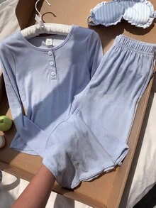 SHEIN 青少年女孩睡衣，淺藍色羅紋長袖鈕扣上衣與長褲2件套，舒適居家穿著睡衣，秋冬聖誕睡衣套裝 - 藍白色 - 查看 5