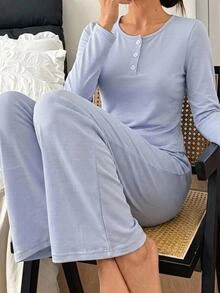 SHEIN 青少年女孩睡衣，淺藍色羅紋長袖鈕扣上衣與長褲2件套，舒適居家穿著睡衣，秋冬聖誕睡衣套裝 - 藍白色 - 查看 4