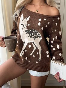 CovetEZ 女款不對稱肩動物印花休閒日常長袖針織衫 - 棕色 - 查看 3