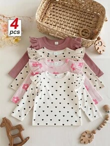 SHEIN 4pcs Toddler Baby Girl Tops Cute Burgundy Ivory Pink Hearts Floral Stripes Knit Ribbed Long Sleeve Crew Neck Regular Fit Ruffled Cozy Holiday Girls - Multicolor - View 2