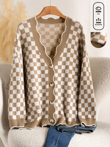 CosyJoli Plus Size Checkered Jacquard Button-Up Knit Cardigan For Vacation Winter Fall Thanksgiving New Year Party White Casual Elegant - Apricot - View 10