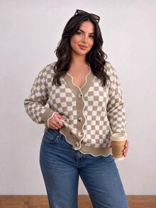 CosyJoli Plus Size Checkered Jacquard Button-Up Knit Cardigan For Vacation Winter Fall Thanksgiving New Year Party White Casual Elegant - Apricot - View 5