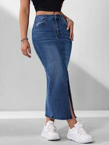 SHEIN EZwear Women's Casual Denim Skirt With Pockets And Side Slit - Dark Wash - View 4