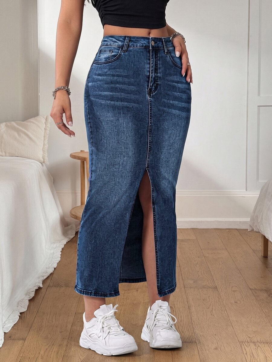 SHEIN EZwear Women's Casual Denim Skirt With Pockets And Side Slit - Dark Wash - View 1