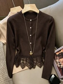 SHEIN Franclia كارديجان نسائي أنيق مزين بحافة دانتيل - قهوة بني - مشاهدة 3