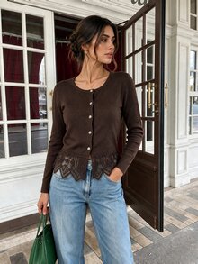SHEIN Franclia كارديجان نسائي أنيق مزين بحافة دانتيل - قهوة بني - مشاهدة 1