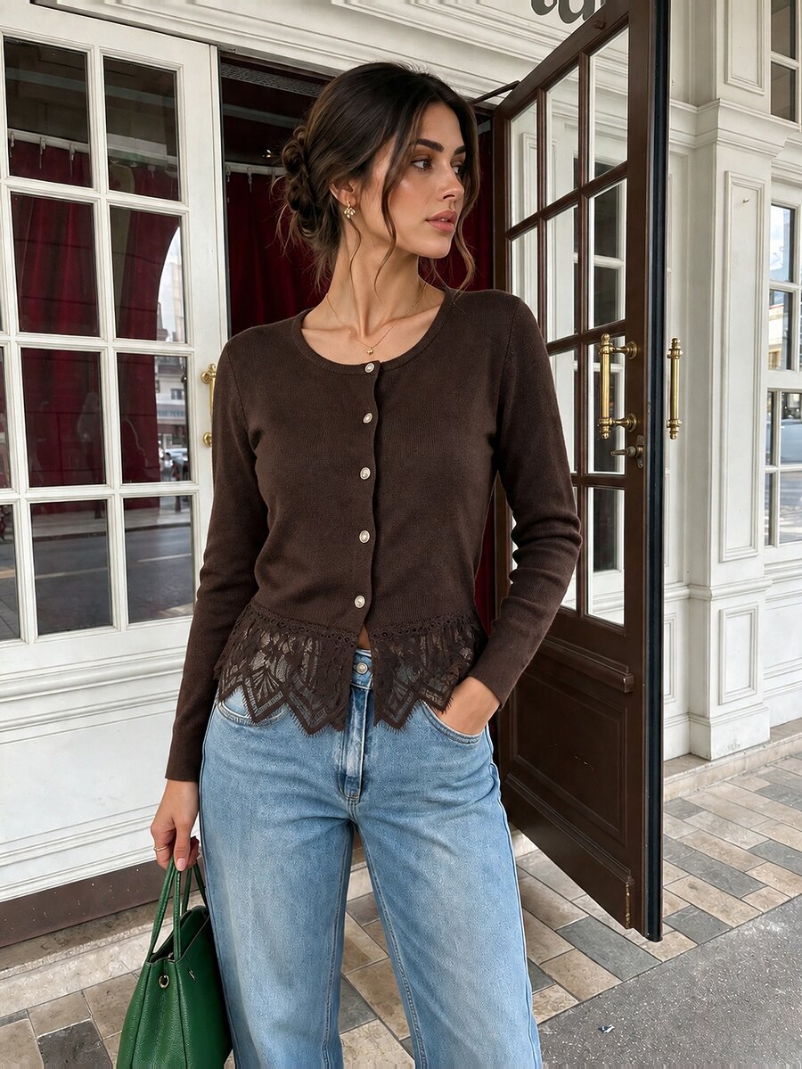 SHEIN Franclia كارديجان نسائي أنيق مزين بحافة دانتيل - قهوة بني - مشاهدة 1