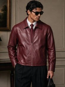 SWAVVY Men's Solid Color PU Leather Zipper Casual Versatile Daily Travel Long Sleeve Jacket - Burgundy - View 1