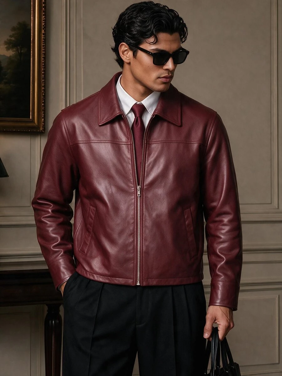 SWAVVY Men's Solid Color PU Leather Zipper Casual Versatile Daily Travel Long Sleeve Jacket - Burgundy - View 1