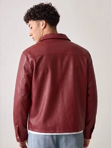 SWAVVY Men's Solid Color PU Leather Zipper Casual Versatile Daily Travel Long Sleeve Jacket - Burgundy - View 6