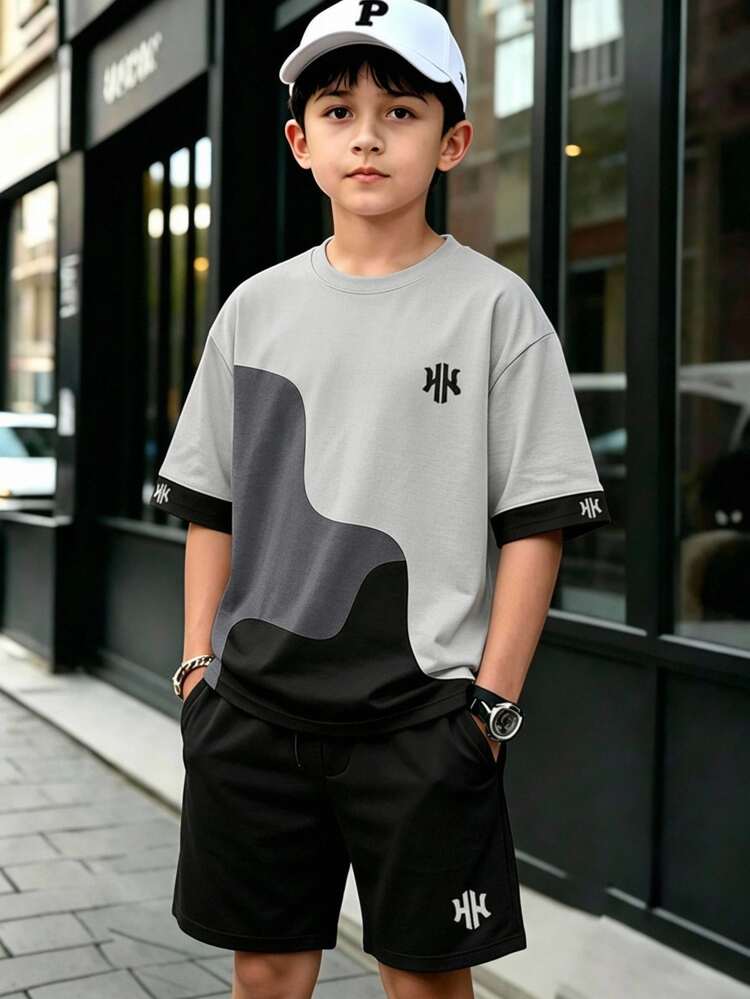 SHEIN Casuvi Kids Teen Boys Short Sleeve Crew Neck T-Shirt + Pocket Shorts 2 Pieces Set Sport Beach Black Summer Streetwear Baggy - Multicolor - View 1