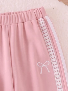 SHEIN 2件組幼女可愛粉白蝴蝶結針織長袖POLO領寬鬆舒適休閒上衣褲套裝，秋季公主風女童冬季節日甜美穿搭 - 粉色 - 查看 3