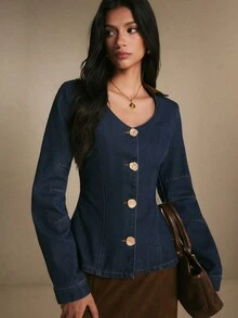 Poéselle Women's Fitted Tailored Denim Jacket With Gold Coin Button And Princess Seam, Elegant V-Neck - Dark Wash - View 7