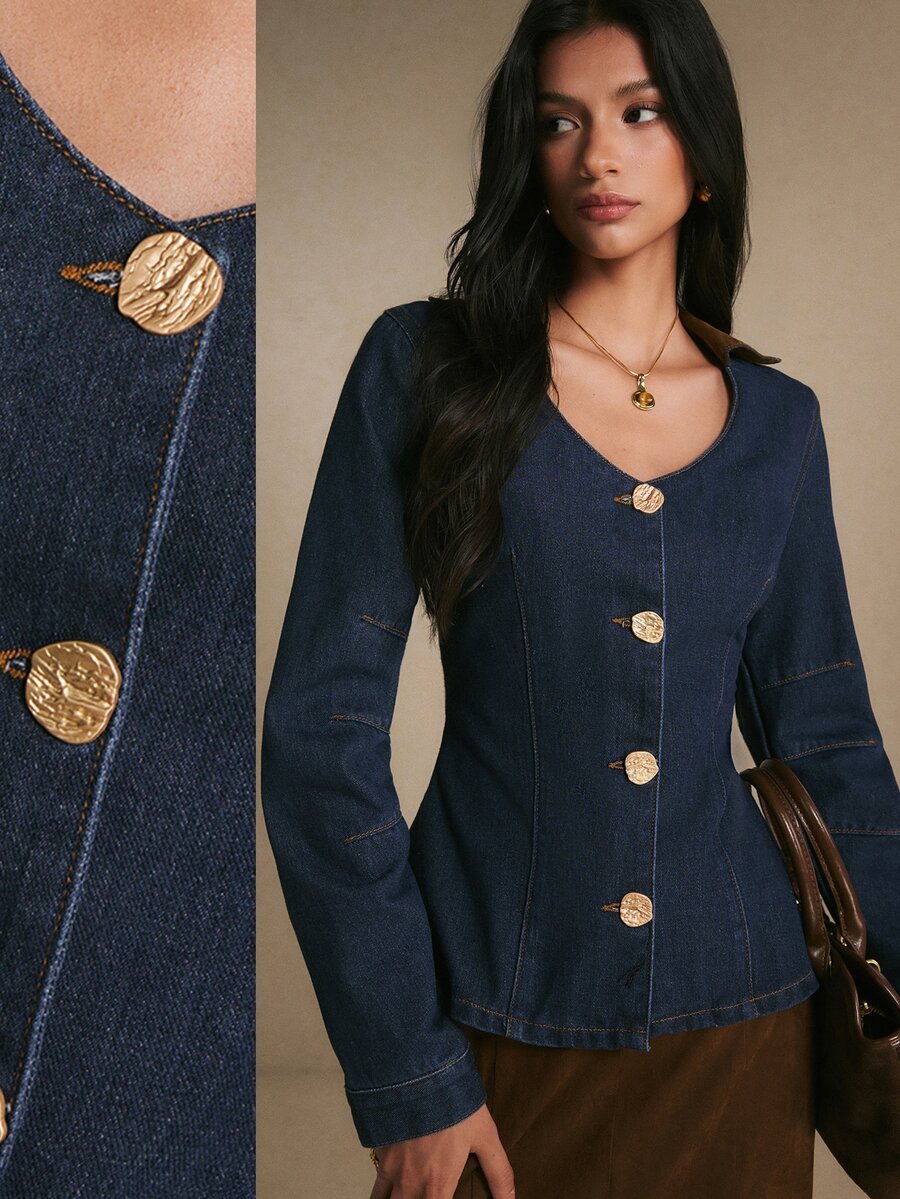 Poéselle Women's Fitted Tailored Denim Jacket With Gold Coin Button And Princess Seam, Elegant V-Neck - Dark Wash - View 1