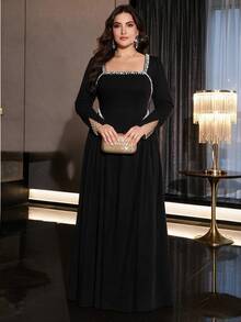 Reflora Plus Size Women's Black Knit Stretch Faux Pearl Decor Elegant Dress New Year Party Dinner Cocktail Evening Formal Fall - Black - View 11